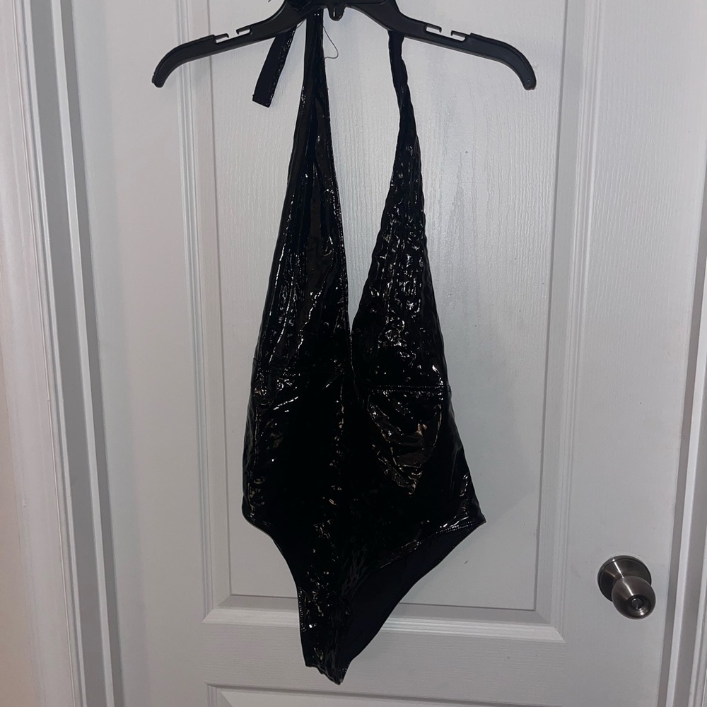 Black Leather Halter Bodysuit